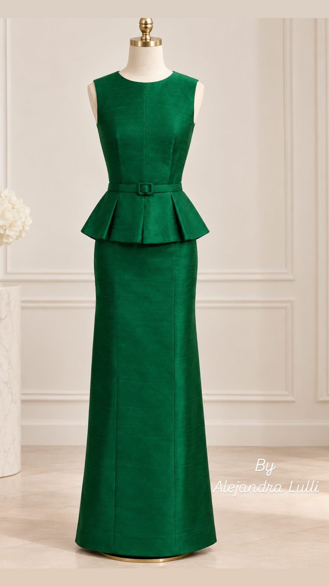 Vestido verde con peplum y cinturón, by Alejandra Lulli